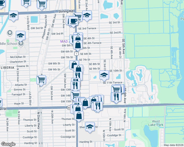 map of restaurants, bars, coffee shops, grocery stores, and more near 202 Southeast 10th Street in Dania Beach