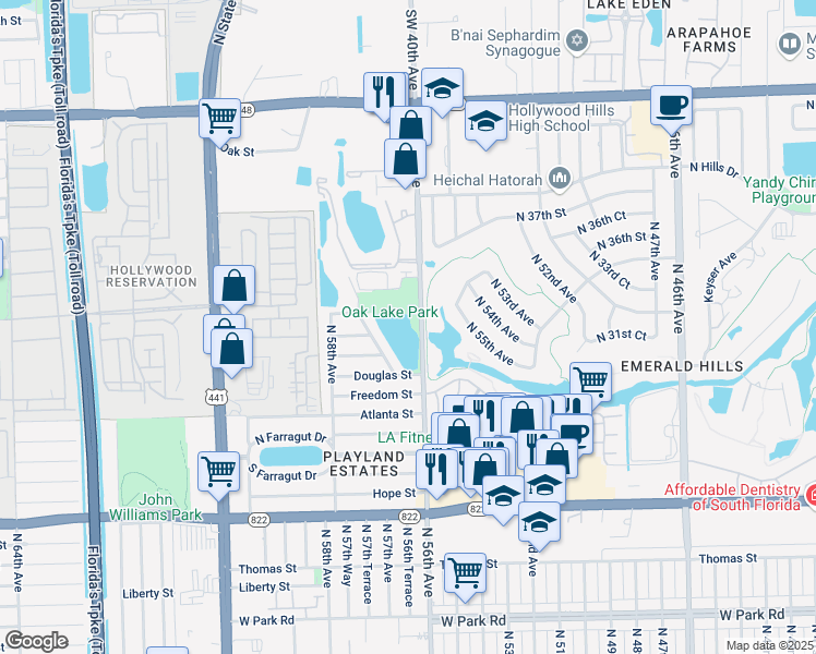 map of restaurants, bars, coffee shops, grocery stores, and more near 3190 North 56th Avenue in Hollywood