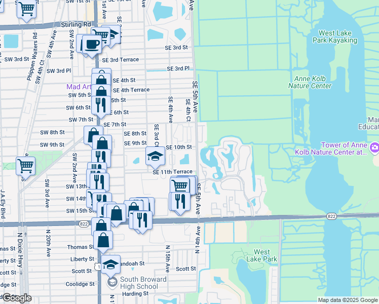 map of restaurants, bars, coffee shops, grocery stores, and more near 422 Southeast 10th Street in Dania Beach