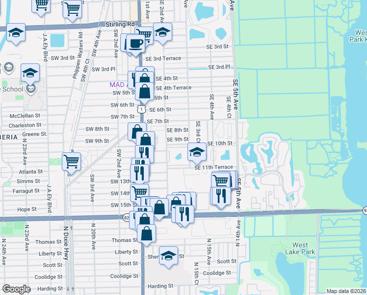 map of restaurants, bars, coffee shops, grocery stores, and more near 1025 Southeast 3rd Avenue in Dania Beach