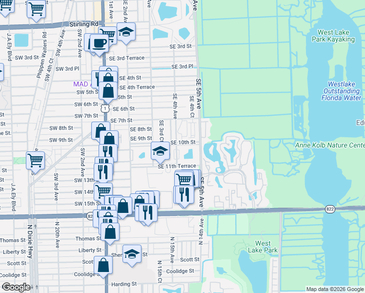 map of restaurants, bars, coffee shops, grocery stores, and more near 422 Southeast 10th Street in Dania Beach