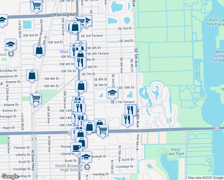 map of restaurants, bars, coffee shops, grocery stores, and more near 1025 Southeast 3rd Avenue in Dania Beach