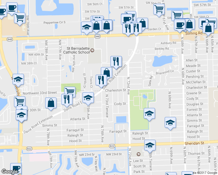 map of restaurants, bars, coffee shops, grocery stores, and more near 3231 North 73rd Avenue in Hollywood