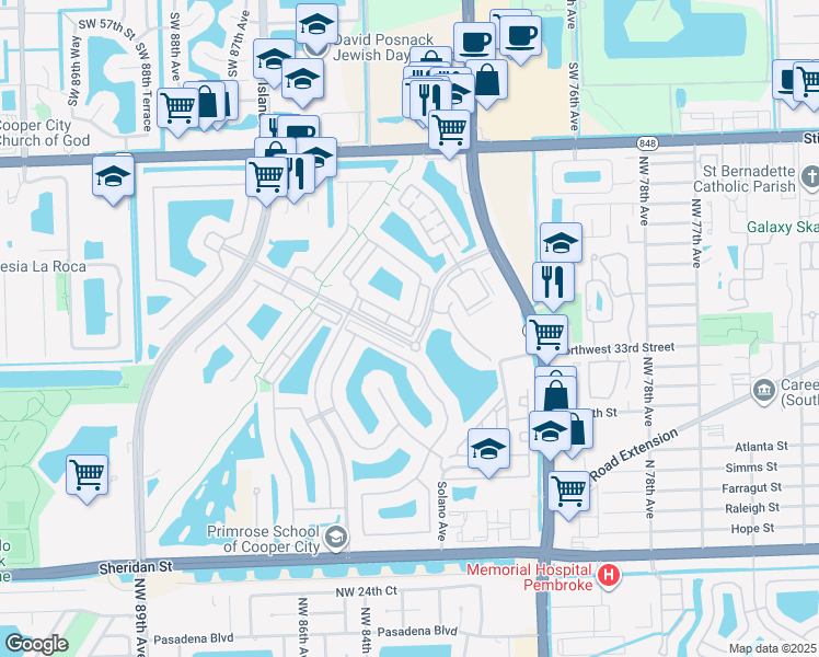 map of restaurants, bars, coffee shops, grocery stores, and more near 8295 Northwest 38th Street in Pembroke Pines