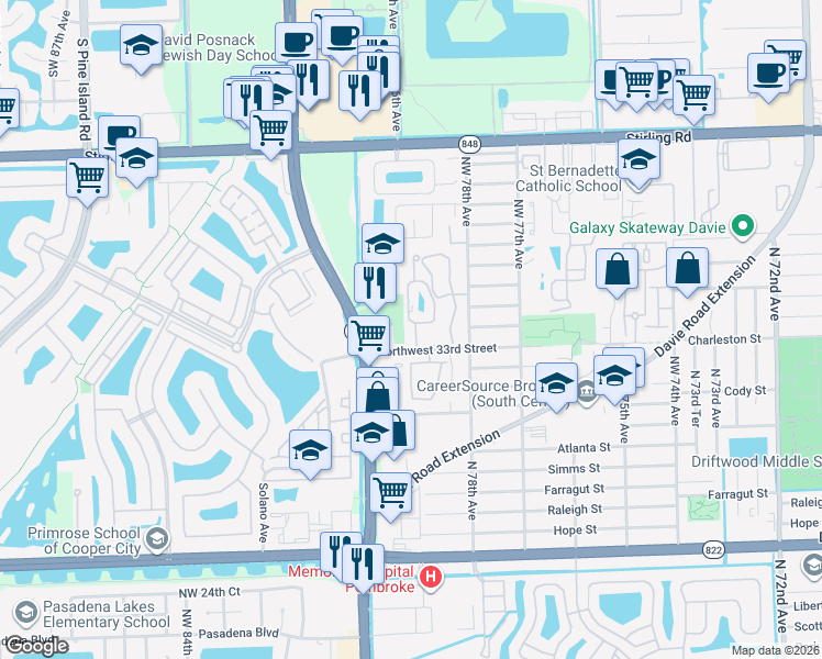 map of restaurants, bars, coffee shops, grocery stores, and more near 3303 Northwest 79th Way in Hollywood