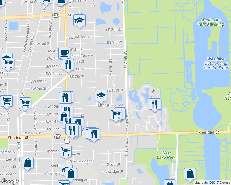 map of restaurants, bars, coffee shops, grocery stores, and more near 422 Southeast 10th Street in Dania Beach