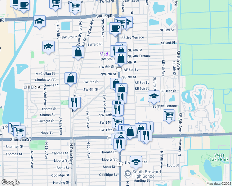map of restaurants, bars, coffee shops, grocery stores, and more near 1040 U.S. 1 in Dania Beach