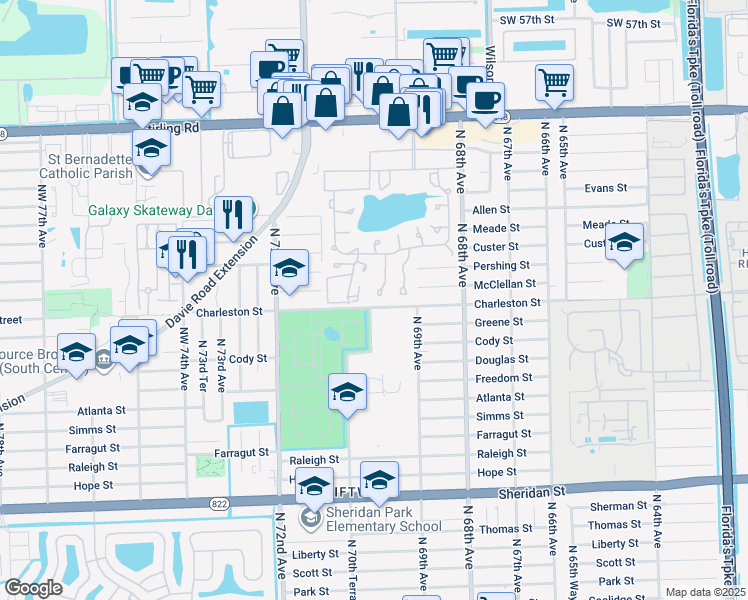 map of restaurants, bars, coffee shops, grocery stores, and more near 136 Fox Road in Hollywood