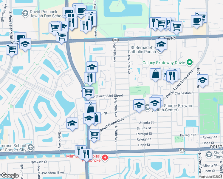 map of restaurants, bars, coffee shops, grocery stores, and more near 3777 Northwest 78th Avenue in Hollywood