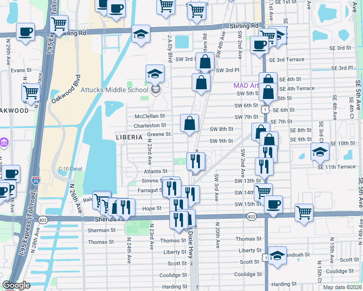 map of restaurants, bars, coffee shops, grocery stores, and more near 715 Southwest 10th Street in Dania Beach