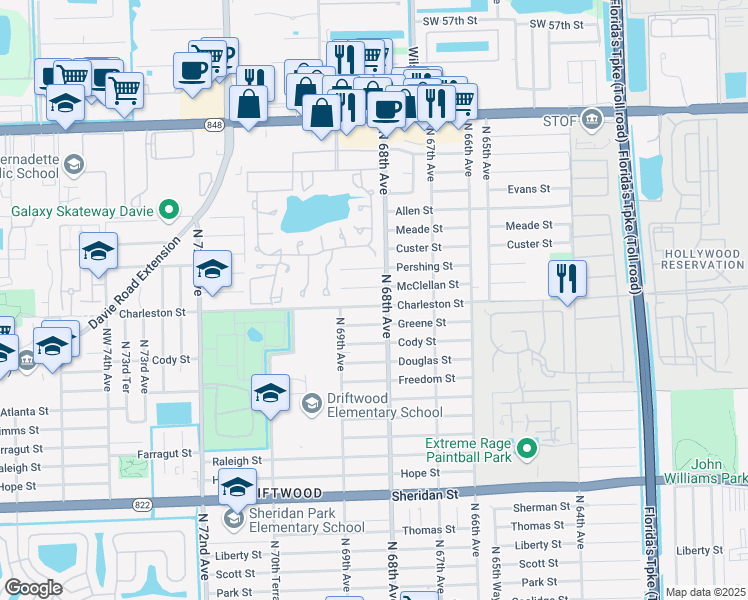 map of restaurants, bars, coffee shops, grocery stores, and more near 6821 Charleston Street in Hollywood