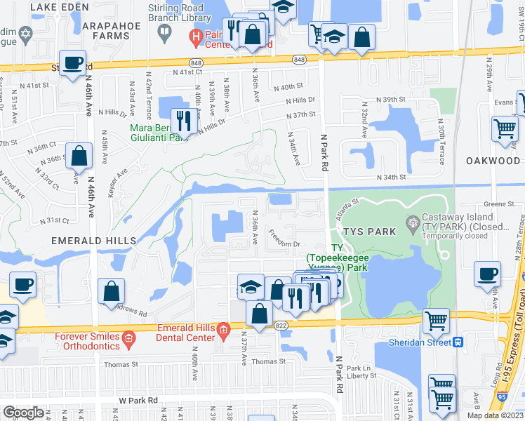 map of restaurants, bars, coffee shops, grocery stores, and more near 3457 Freedom Drive in Hollywood