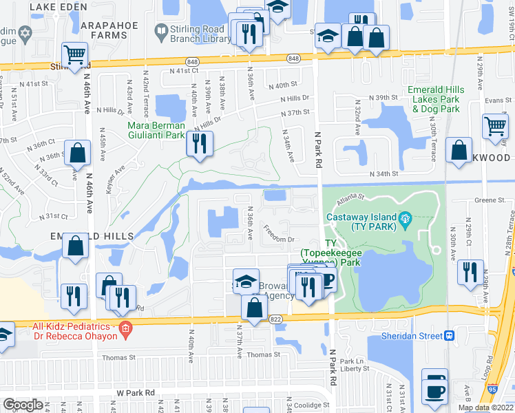 map of restaurants, bars, coffee shops, grocery stores, and more near 3457 Freedom Drive in Hollywood
