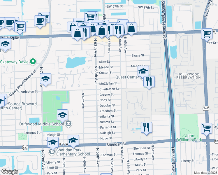 map of restaurants, bars, coffee shops, grocery stores, and more near 6711 Greene Street in Hollywood