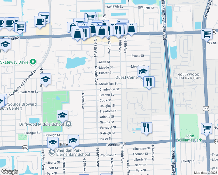 map of restaurants, bars, coffee shops, grocery stores, and more near 6711 Greene Street in Hollywood