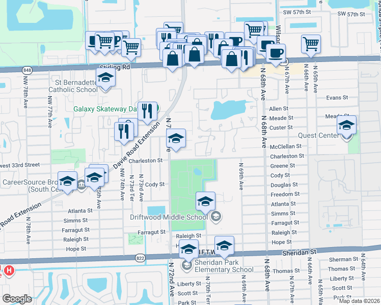 map of restaurants, bars, coffee shops, grocery stores, and more near 7100 Pershing Street in Hollywood