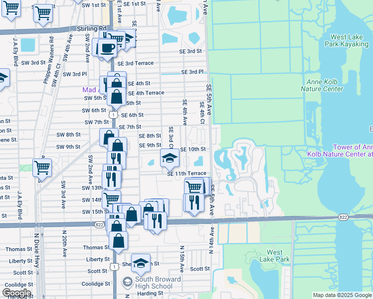 map of restaurants, bars, coffee shops, grocery stores, and more near 713 Southeast 3rd Lane in Dania Beach