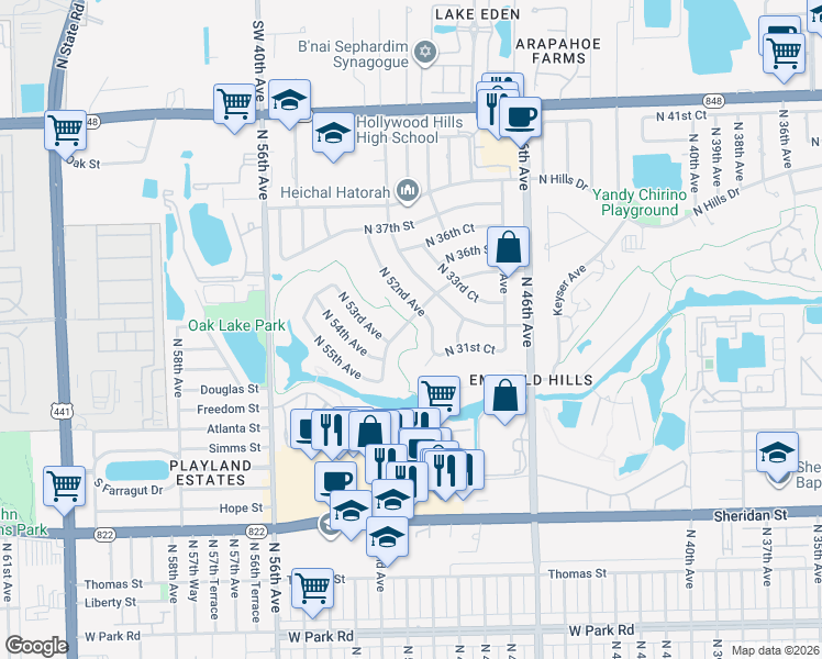 map of restaurants, bars, coffee shops, grocery stores, and more near 3171 North 52nd Avenue in Hollywood