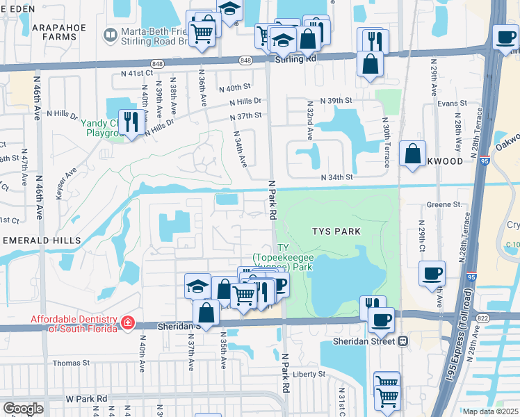 map of restaurants, bars, coffee shops, grocery stores, and more near 3351 Emerald Oaks Drive in Hollywood