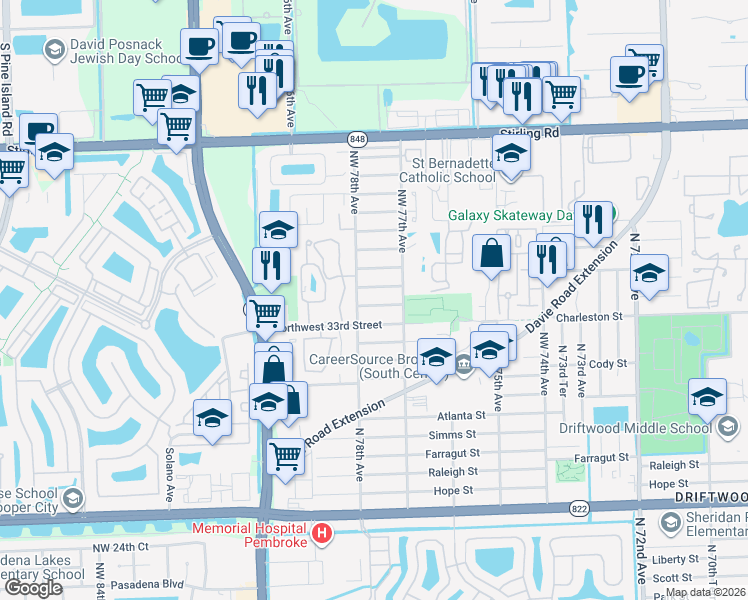 map of restaurants, bars, coffee shops, grocery stores, and more near 7761 Northwest 35th Street in Hollywood