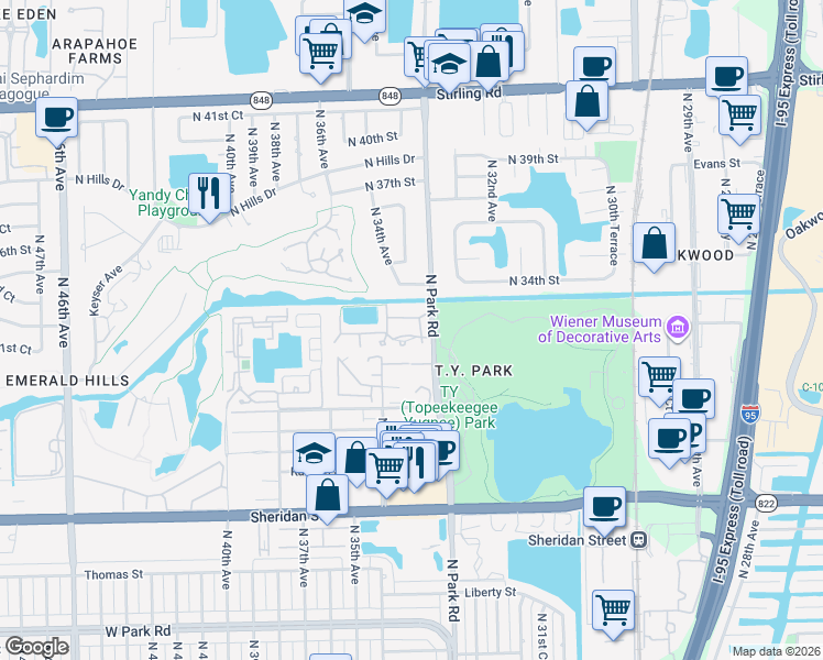 map of restaurants, bars, coffee shops, grocery stores, and more near 3351 Emerald Oaks Drive in Hollywood