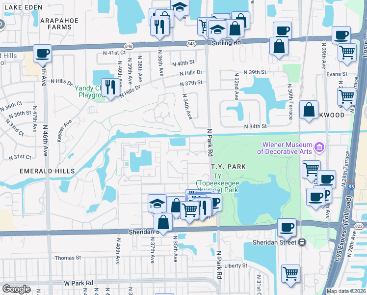 map of restaurants, bars, coffee shops, grocery stores, and more near 3232 Laurel Oaks Lane in Hollywood