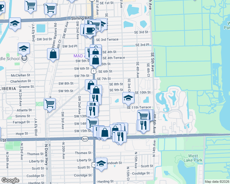 map of restaurants, bars, coffee shops, grocery stores, and more near 216 Southeast 8th Street in Dania Beach