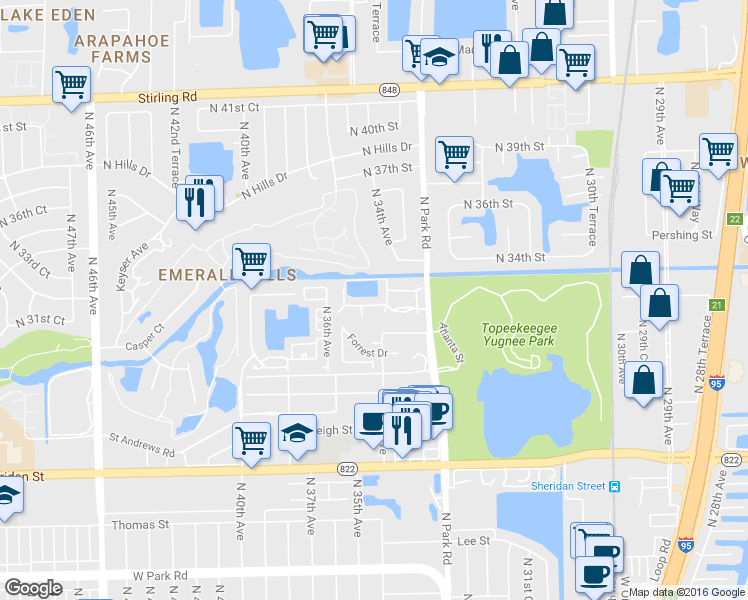 map of restaurants, bars, coffee shops, grocery stores, and more near 3232 Laurel Oaks Lane in Hollywood