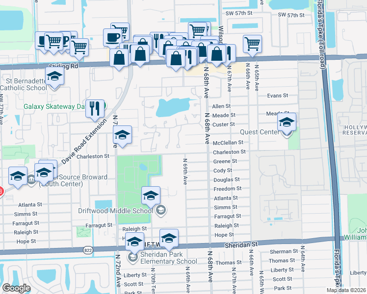 map of restaurants, bars, coffee shops, grocery stores, and more near 121 Essex Road in Hollywood
