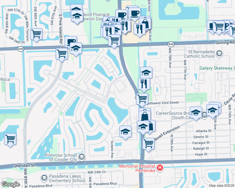map of restaurants, bars, coffee shops, grocery stores, and more near 3909 Northwest 82nd Drive in Pembroke Pines
