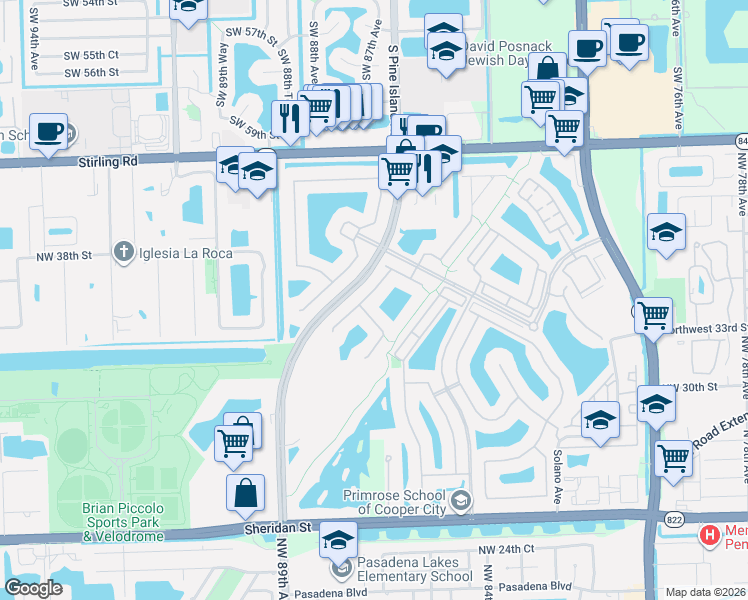 map of restaurants, bars, coffee shops, grocery stores, and more near 3758 Northwest 85th Terrace in Pembroke Pines