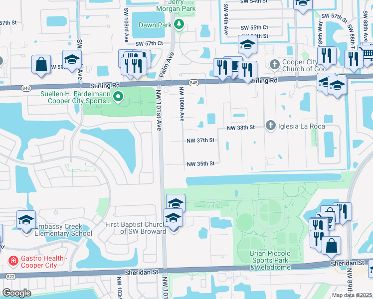 map of restaurants, bars, coffee shops, grocery stores, and more near 3611 Northwest 100th Avenue in Hollywood