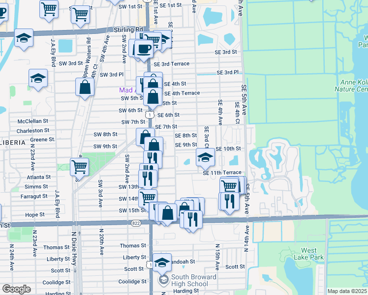 map of restaurants, bars, coffee shops, grocery stores, and more near 216 Southeast 8th Street in Dania Beach
