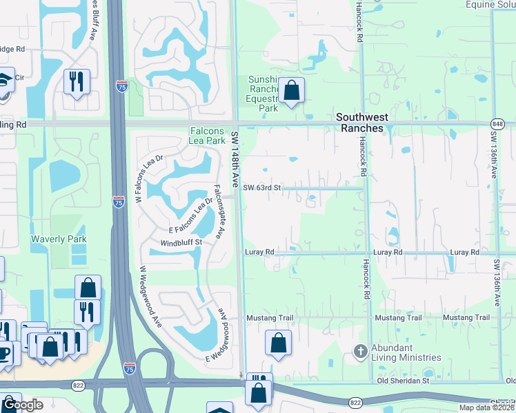 map of restaurants, bars, coffee shops, grocery stores, and more near 14750 Southwest 63rd Street in Southwest Ranches
