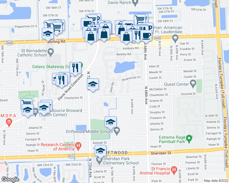 map of restaurants, bars, coffee shops, grocery stores, and more near 275 Gate Road in Hollywood