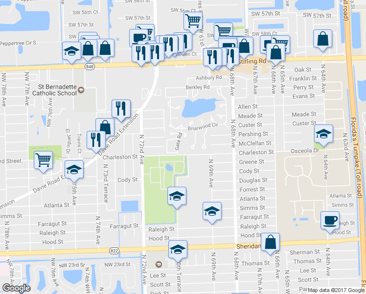 map of restaurants, bars, coffee shops, grocery stores, and more near 275 Gate Road in Hollywood