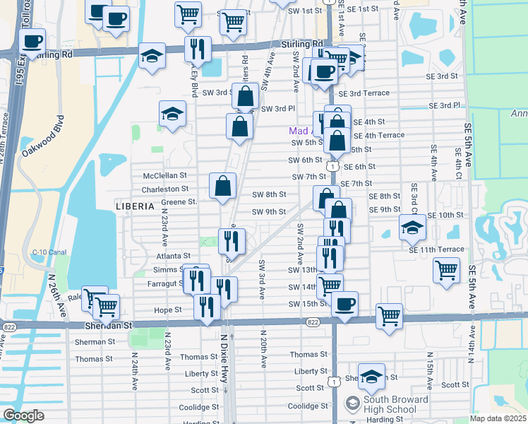 map of restaurants, bars, coffee shops, grocery stores, and more near 262 Southwest 9th Street in Dania Beach