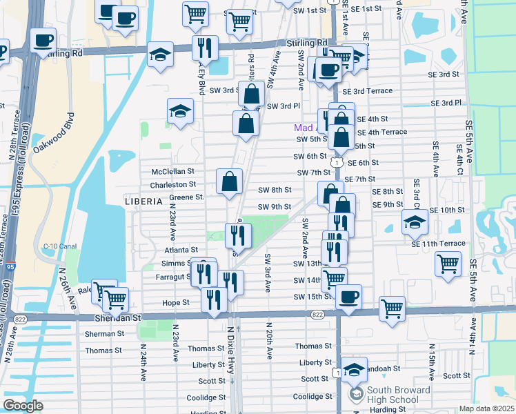 map of restaurants, bars, coffee shops, grocery stores, and more near 262 Southwest 9th Street in Dania Beach