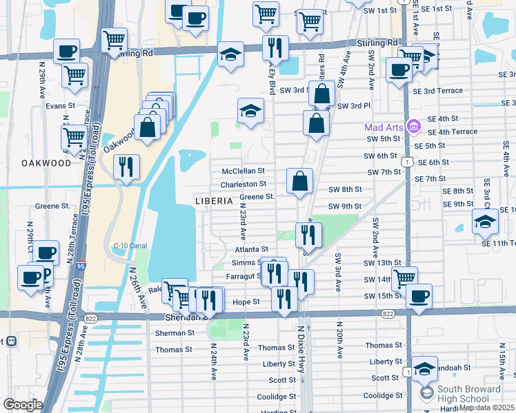 map of restaurants, bars, coffee shops, grocery stores, and more near 2230 Greene Street in Hollywood