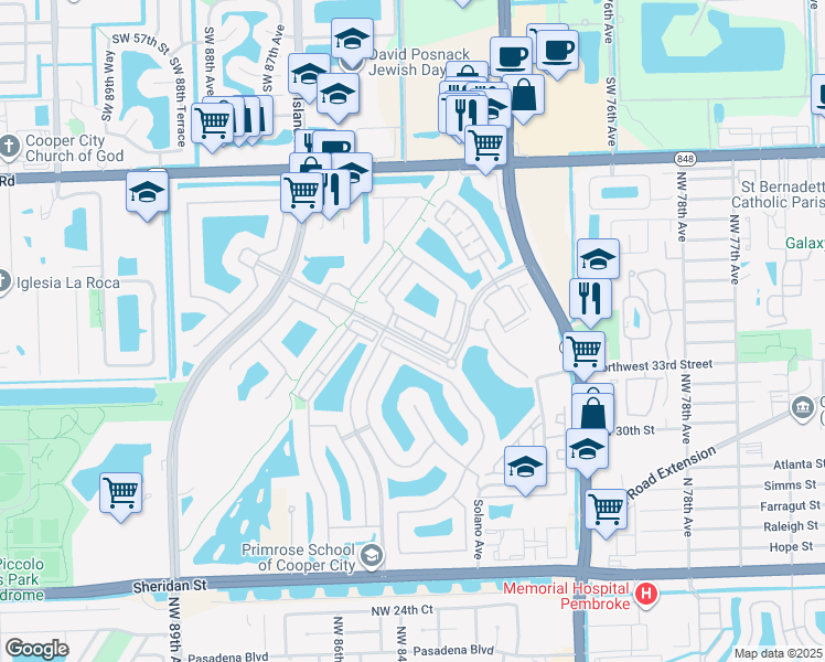 map of restaurants, bars, coffee shops, grocery stores, and more near 8378 Northwest 39th Court in Pembroke Pines