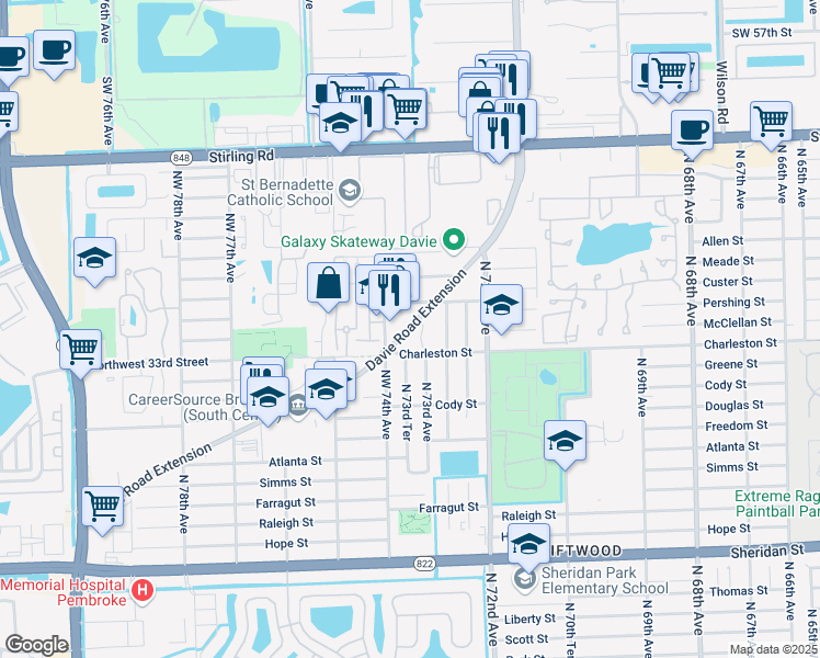 map of restaurants, bars, coffee shops, grocery stores, and more near 7350 Davie Road Extension in Hollywood