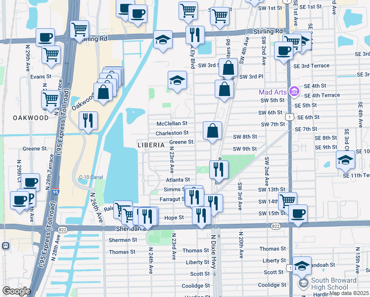 map of restaurants, bars, coffee shops, grocery stores, and more near 2230 Greene Street in Hollywood