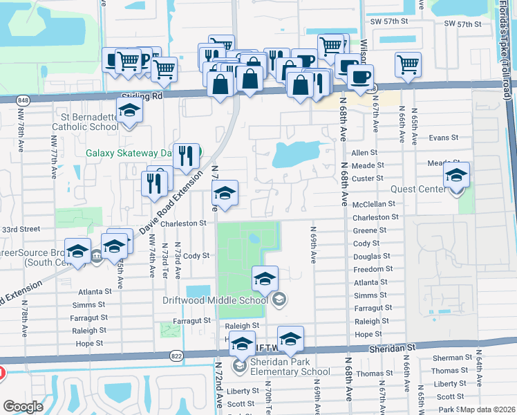 map of restaurants, bars, coffee shops, grocery stores, and more near 7100 Pershing Street in Hollywood