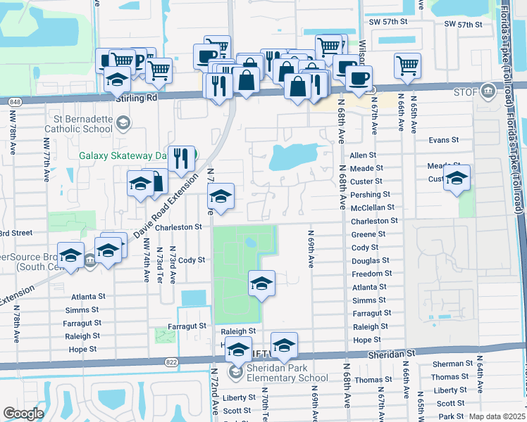 map of restaurants, bars, coffee shops, grocery stores, and more near 275 Gate Road in Hollywood