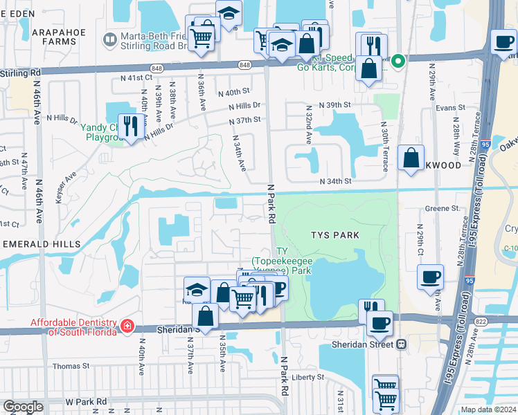 map of restaurants, bars, coffee shops, grocery stores, and more near 3344 Water Oak Drive in Hollywood