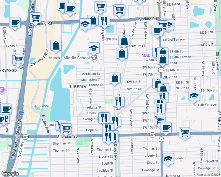 map of restaurants, bars, coffee shops, grocery stores, and more near 717 Southwest 8th Street in Dania Beach