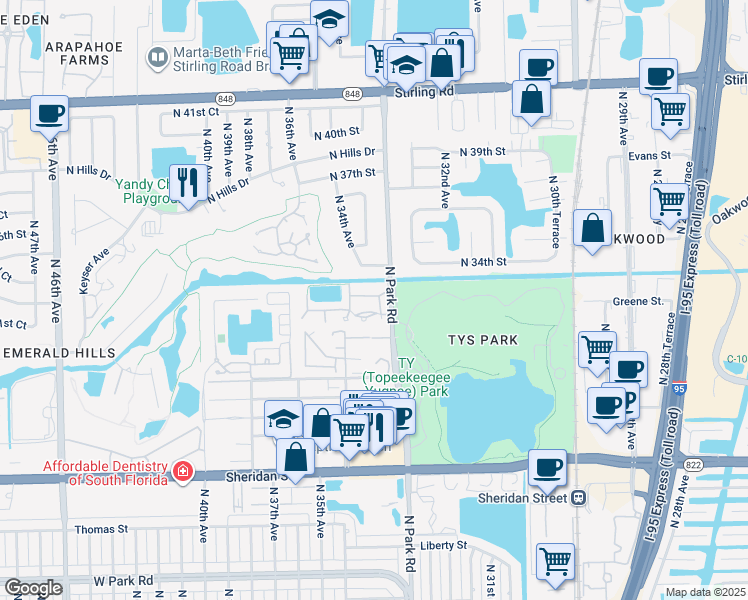 map of restaurants, bars, coffee shops, grocery stores, and more near 3300 North Park Road in Hollywood