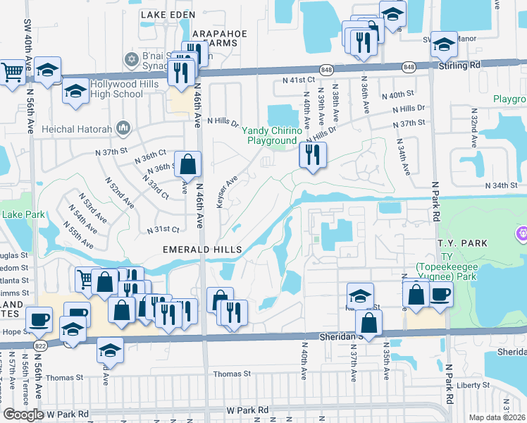 map of restaurants, bars, coffee shops, grocery stores, and more near 4273 Casper Court in Hollywood