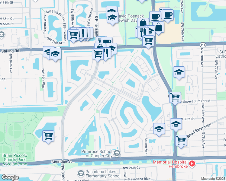 map of restaurants, bars, coffee shops, grocery stores, and more near 8437 Northwest 38th Street in Pembroke Pines