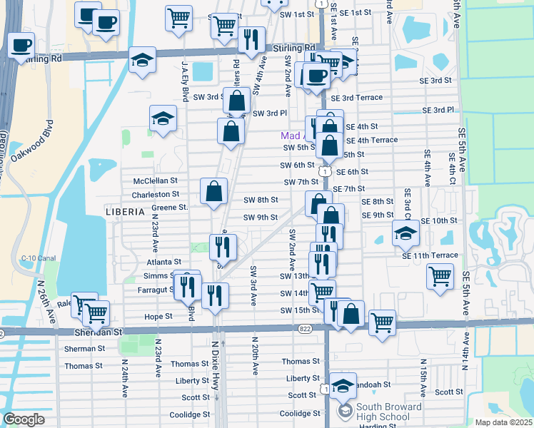 map of restaurants, bars, coffee shops, grocery stores, and more near 223 Southwest 8th Street in Dania Beach